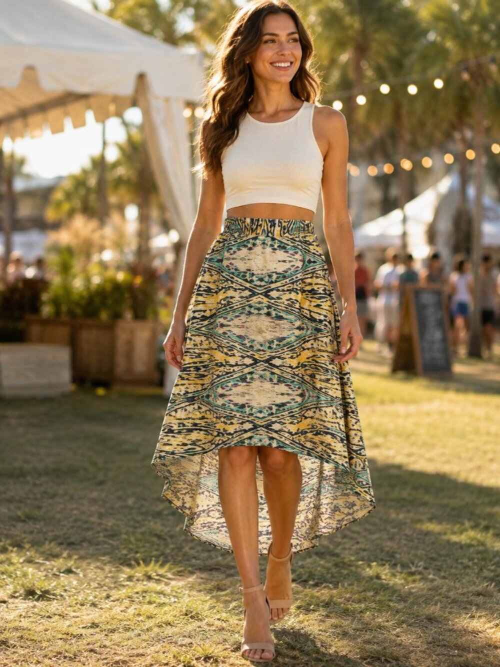 Abstract Geometric Print High Low Maxi Skirt XS Boho Festival